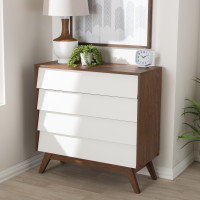 Baxton Studio Hildon 4DW-Walnut/White-Chest Hildon Mid-Century Modern White and Walnut Wood 4-Drawer Storage Chest